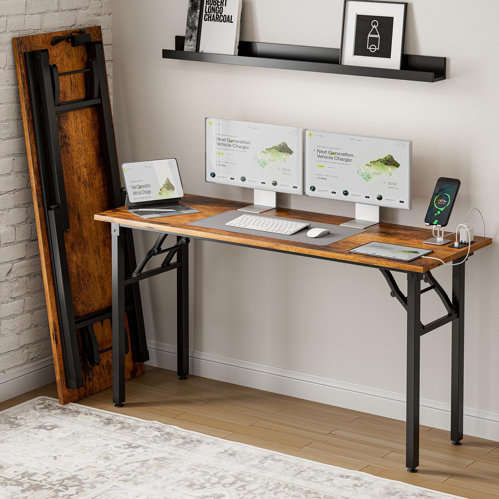 Frylr Small Folding Computer Desk – 35.8 Inch Portable Table for Craft and Study, Lightweight Desk for Small Spaces, Foldable Laptop Table Built-in AC/USB Outlets for Convenience, Dark Walnut