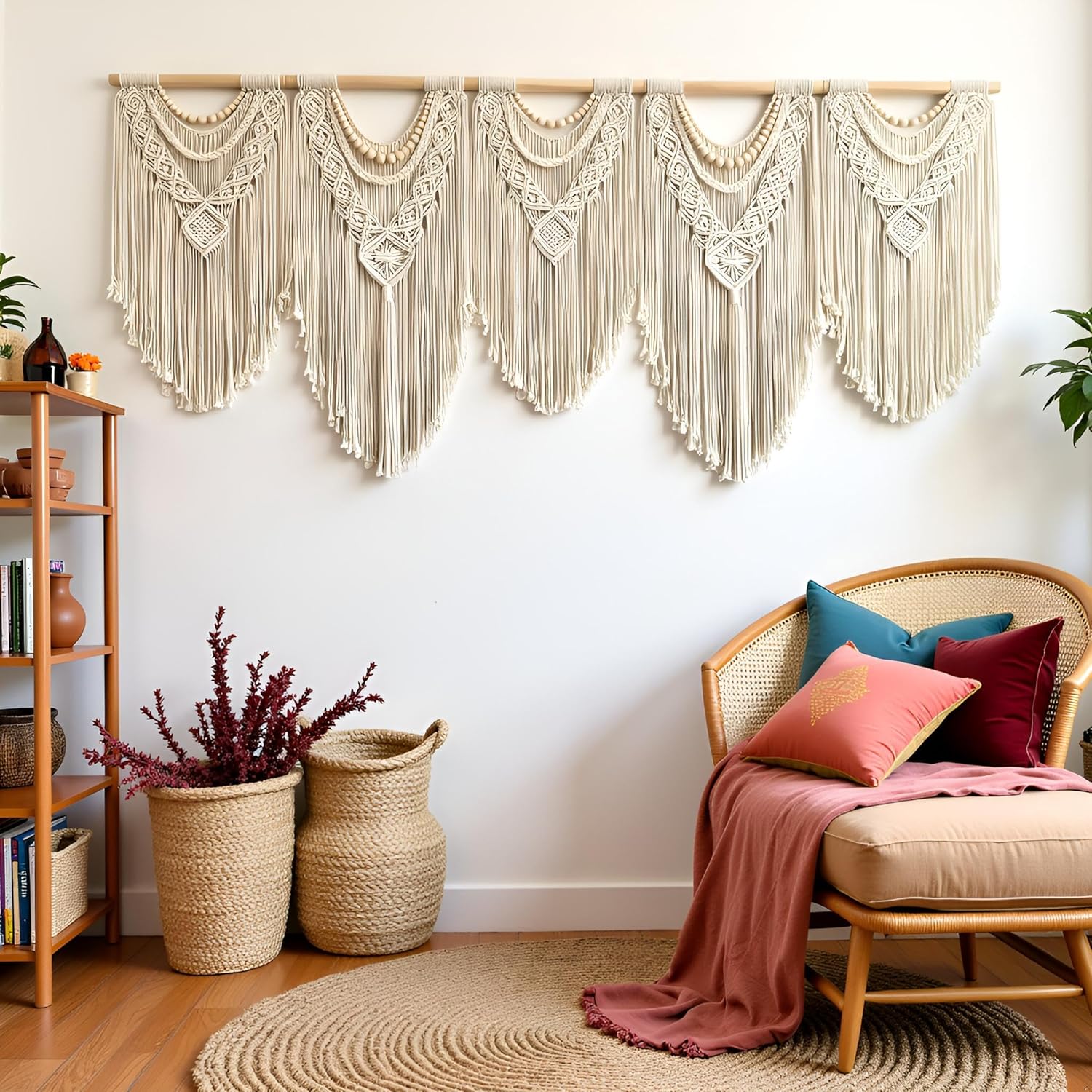 Extral Large macrame wall hanging, 71'' W x 32'' L boho wall art tapestry wall decor for urban entryway,living room,bedroom decor, headboard woven wall art, big fiber art over couch art for Yarn hallway (Wood Bead-B)