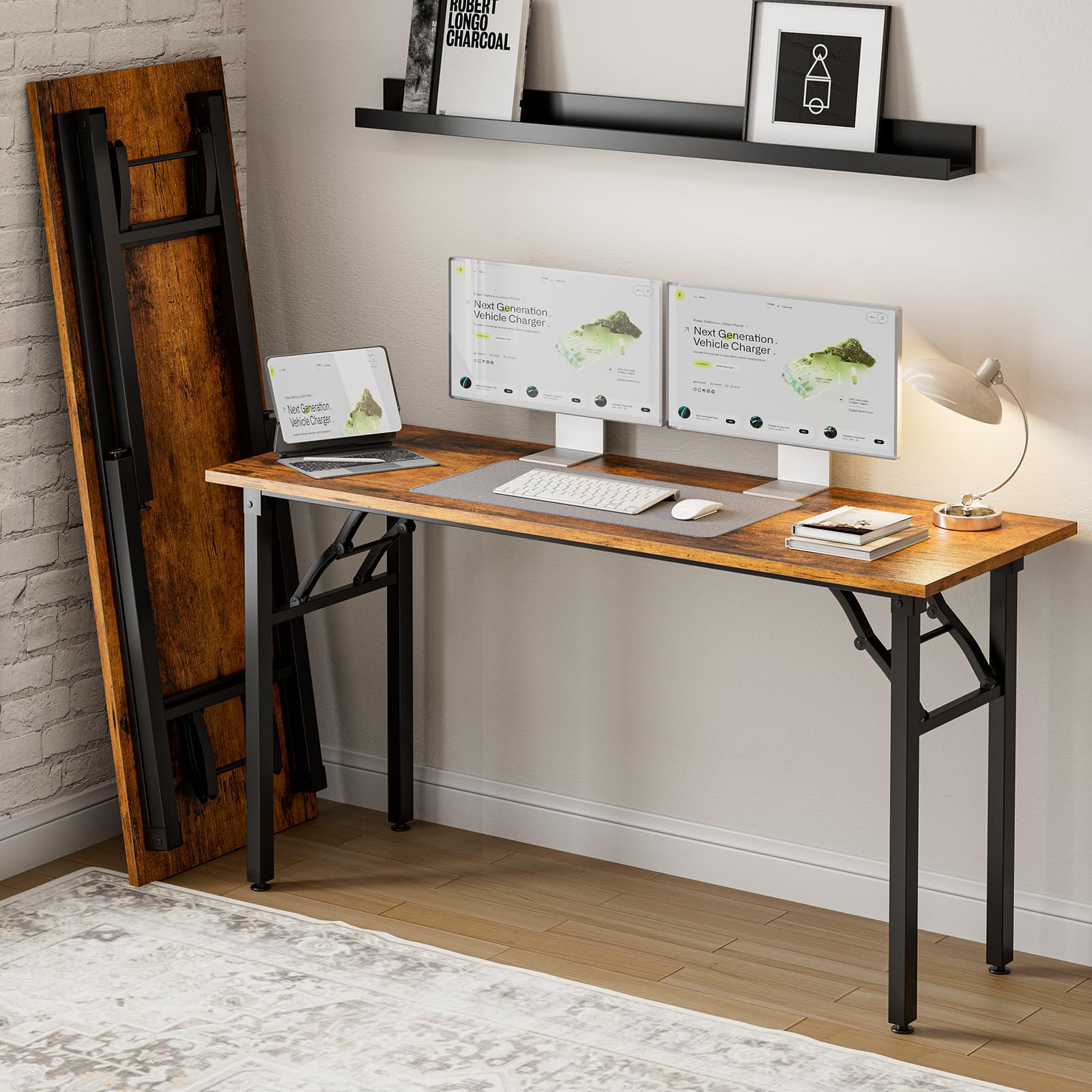 Frylr Small Folding Computer Desk – 35.8 Inch Portable Table for Craft and Study, Lightweight Desk for Small Spaces, Foldable Laptop Table Built-in AC/USB Outlets for Convenience, Dark Walnut