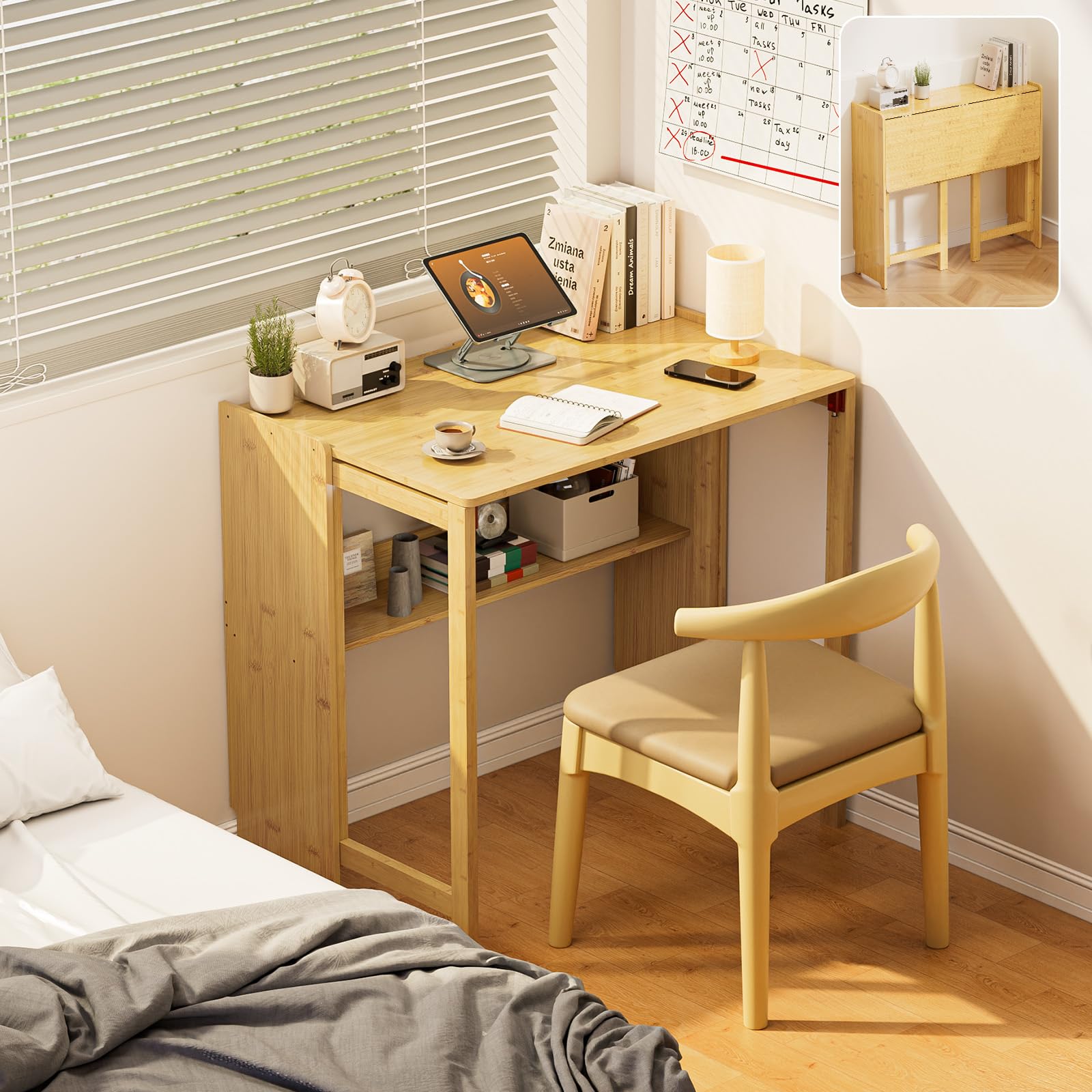Bamboo Foldable Desk, Folding Desks for Small Spaces, 32.68 Inch Small Foldable Computer Table, Space Saving Sofa Table for Couch, Bedroom or Home Office, Brown