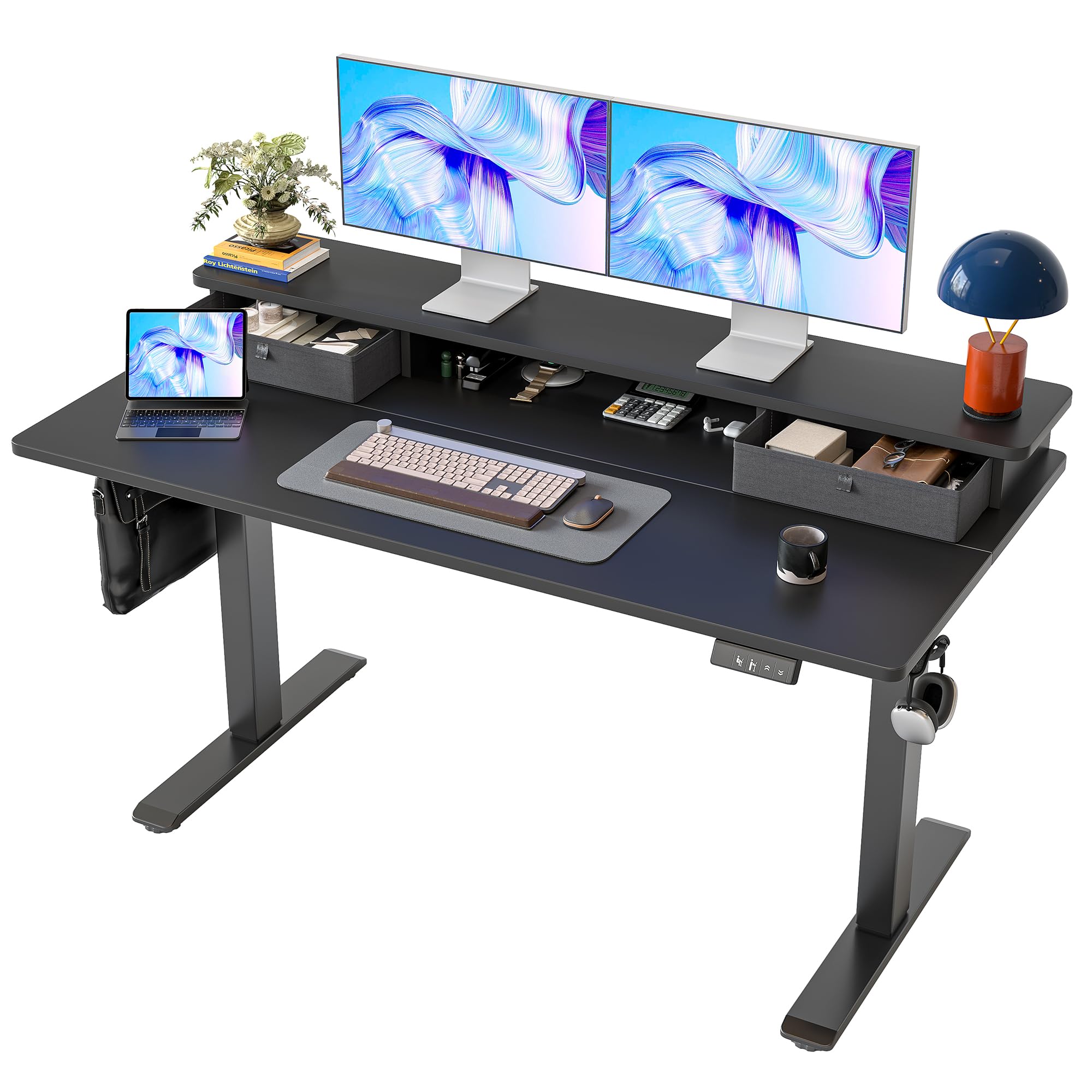 TIQLAB Standing Desk with Two Drawers, Stand Up Standing Desk Adjustable Height, Electric Sit Stand Table with Storage Shelf and Splice Board, 55 * 24 inch, Maple
