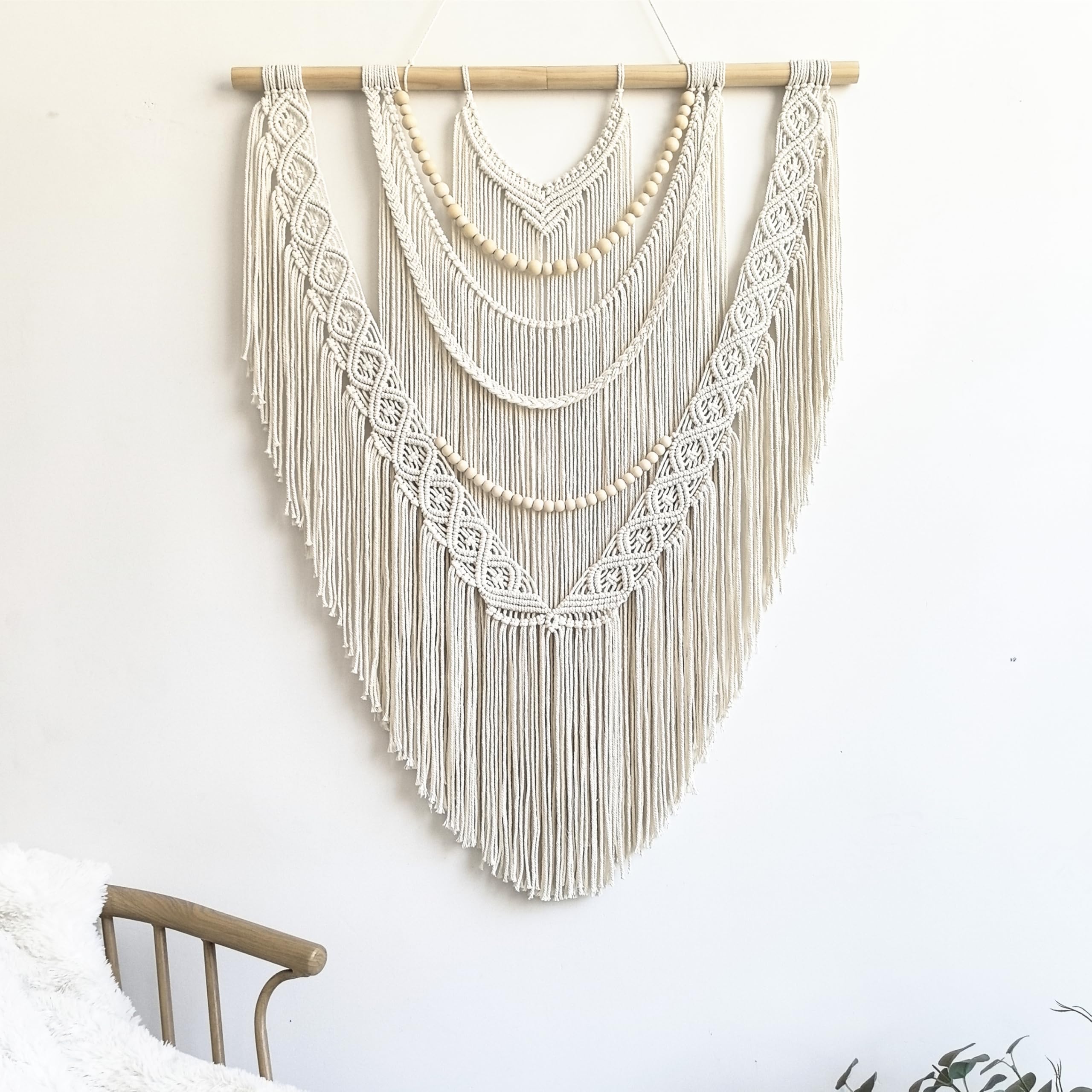 Extral Large macrame wall hanging, 71'' W x 32'' L boho wall art tapestry wall decor for urban entryway,living room,bedroom decor, headboard woven wall art, big fiber art over couch art for Yarn hallway (Wood Bead-B)