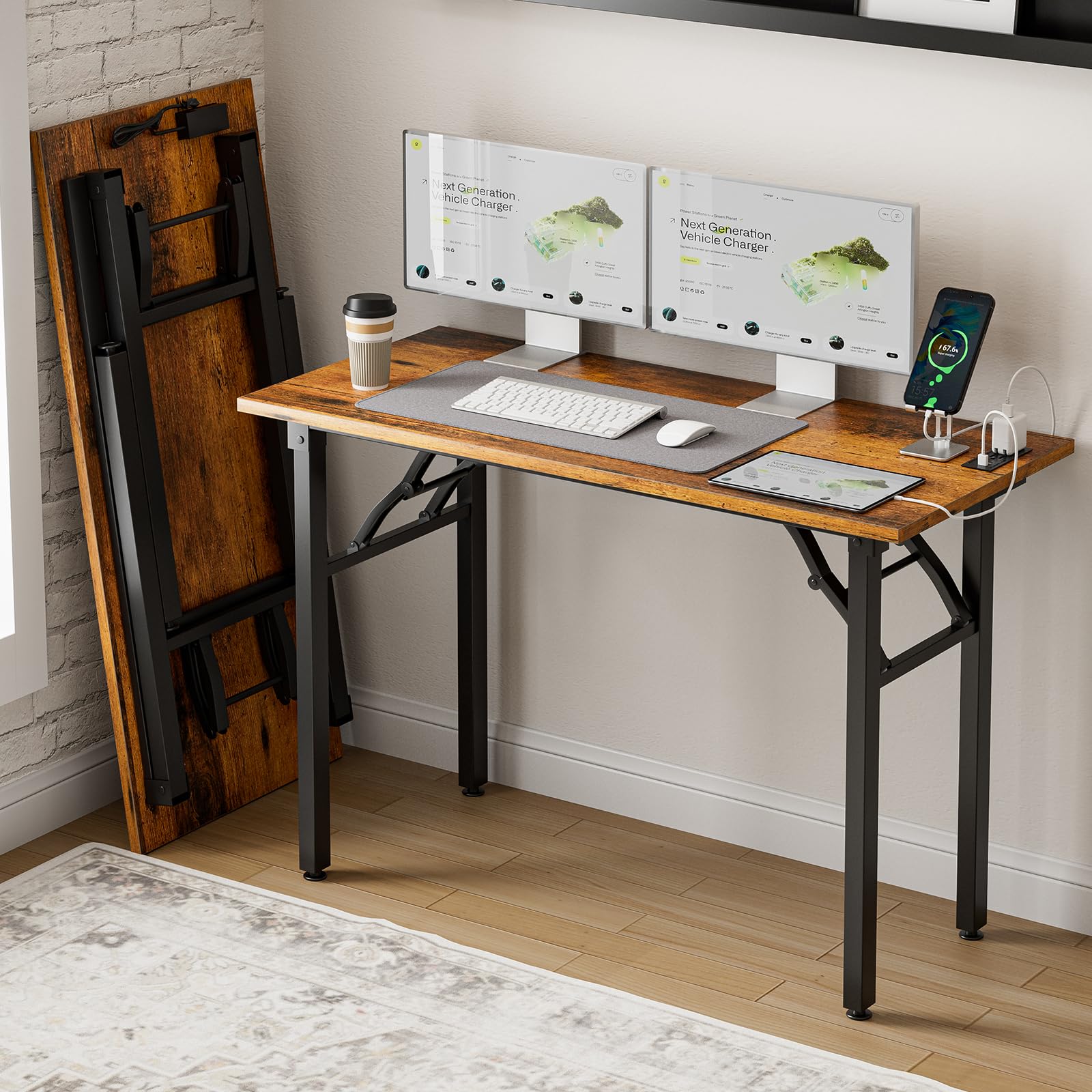 Frylr Small Folding Computer Desk – 35.8 Inch Portable Table for Craft and Study, Lightweight Desk for Small Spaces, Foldable Laptop Table Built-in AC/USB Outlets for Convenience, Dark Walnut