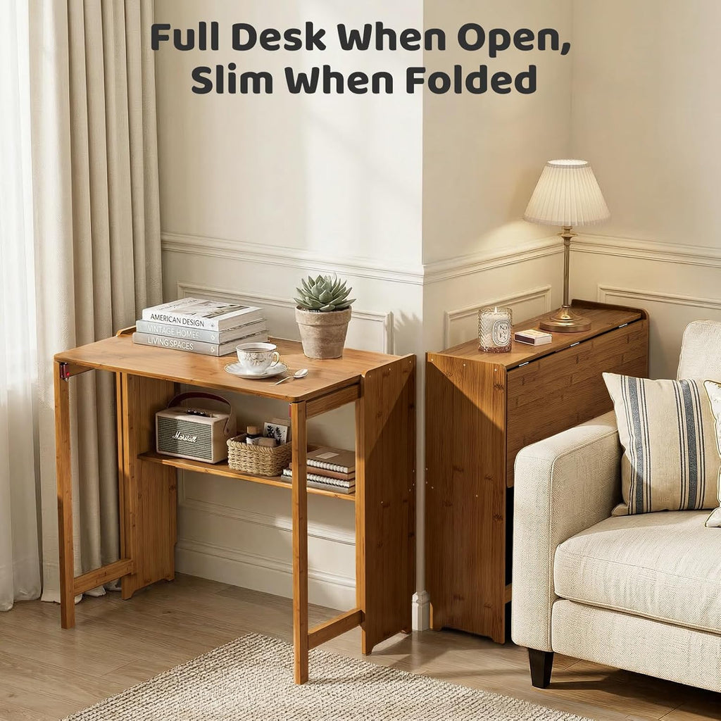 Bamboo Folding Desk for Small Spaces, Mid Century Small Computer Foldable Desk for Bedroom Home Office, Space Saving Sofa Table for Couch, Writing Work Office Desk,Brown