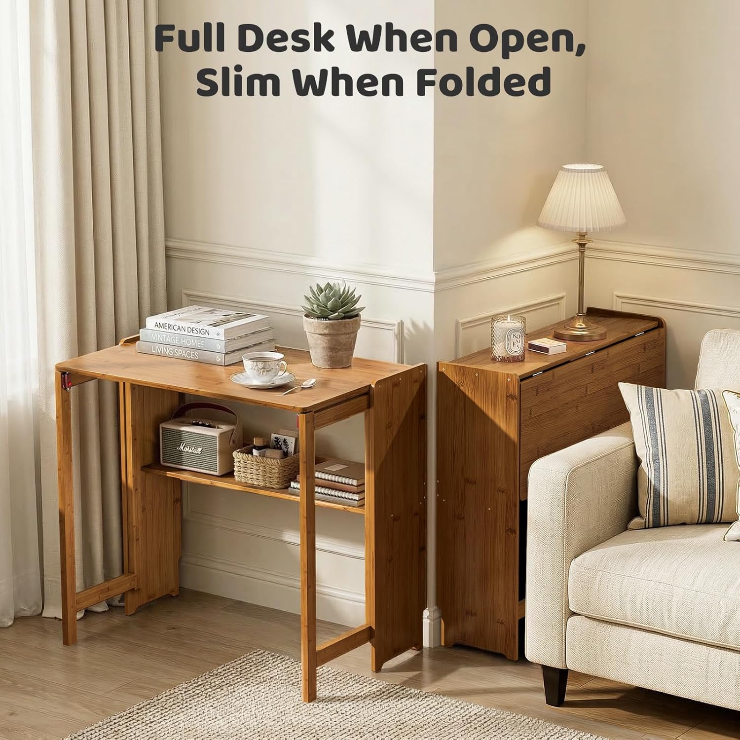 Bamboo Folding Desk for Small Spaces, Mid Century Small Computer Foldable Desk for Bedroom Home Office, Space Saving Sofa Table for Couch, Writing Work Office Desk,Brown
