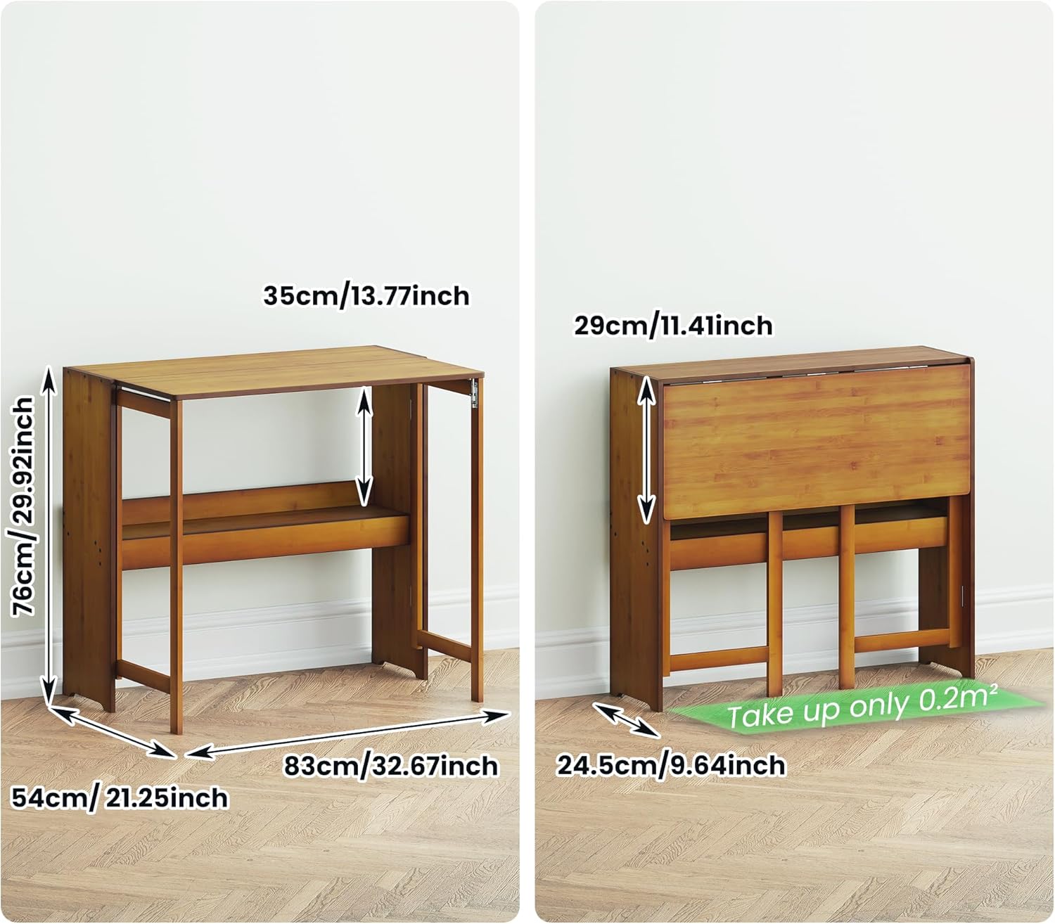 Wood Foldable Desk,Space Saving Foldable Table Bamboo Folding Desk Study Table with Bookshelf for Office Home Study Bedroom