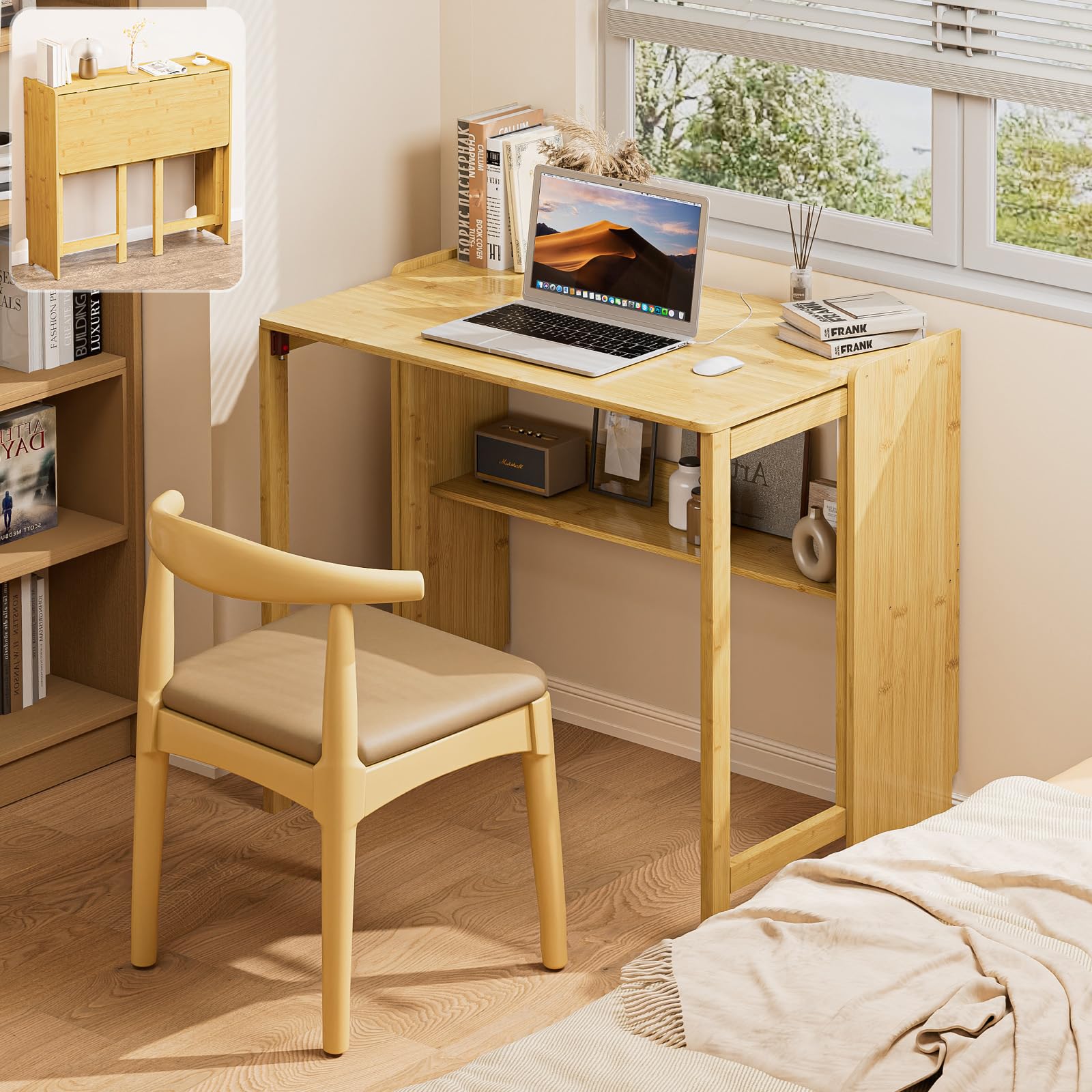 Bamboo Folding Desk for Small Spaces, Mid Century Small Computer Foldable Desk for Bedroom Home Office, Space Saving Sofa Table for Couch, Writing Work Office Desk,Brown