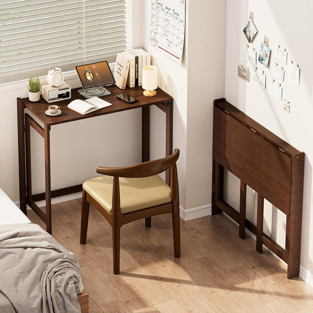 Bamboo Foldable Desk, Folding Desks for Small Spaces, 32.68 Inch Small Foldable Computer Table, Space Saving Sofa Table for Couch, Bedroom or Home Office, Brown