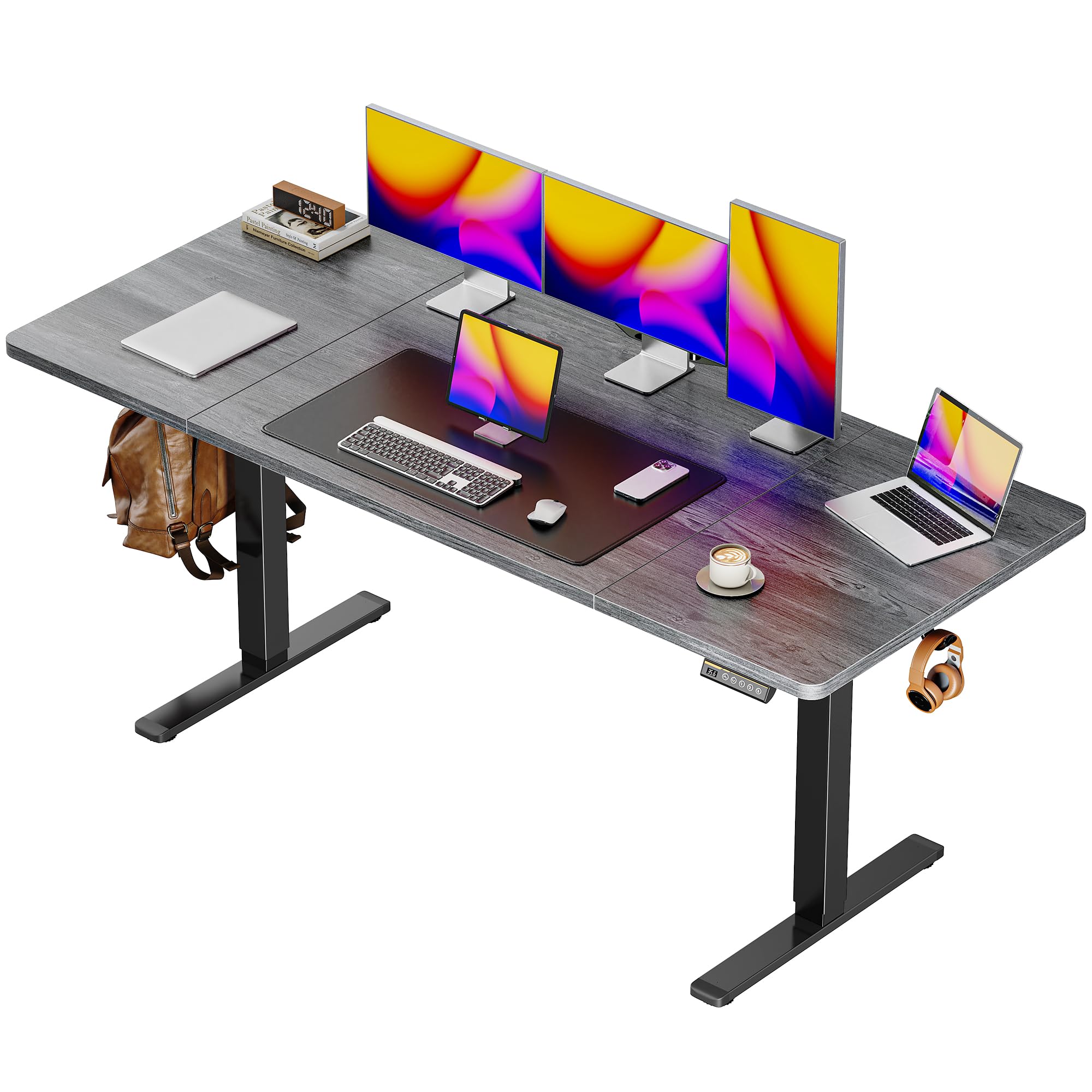 Huuger 55 x 28 Large Electric Standing Desk, Height Adjustable Computer Desk, 27.6" Deep Desktop, Stand up Gaming Office Desk with 2 Hooks, 3 Preset Heights, for Home Office, Rustic Brown