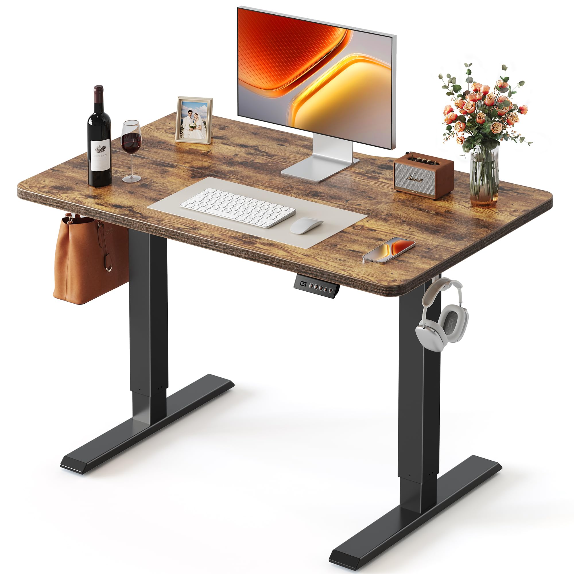 FEZIBO Standing Desk, 48 × 24 Inches Electric Height Adjustable, Sit and Stand Up, Computer Office Desk with Splice Board, White Frame/Maple TOP