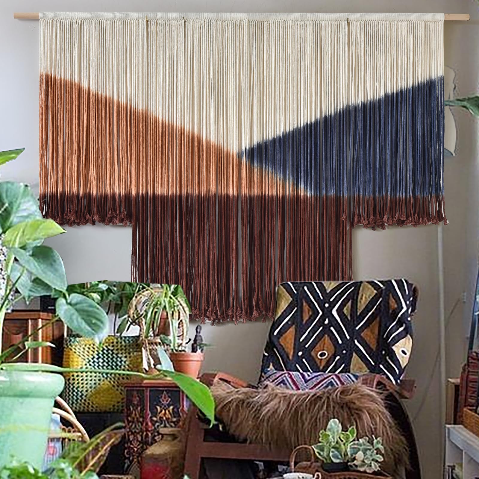 Jakalin Macrame Wall Hanging White Beads Boho Wall Decor for Living Room Bedroom or Nursery Texture Yarn Wall Art 57" W × 43" L