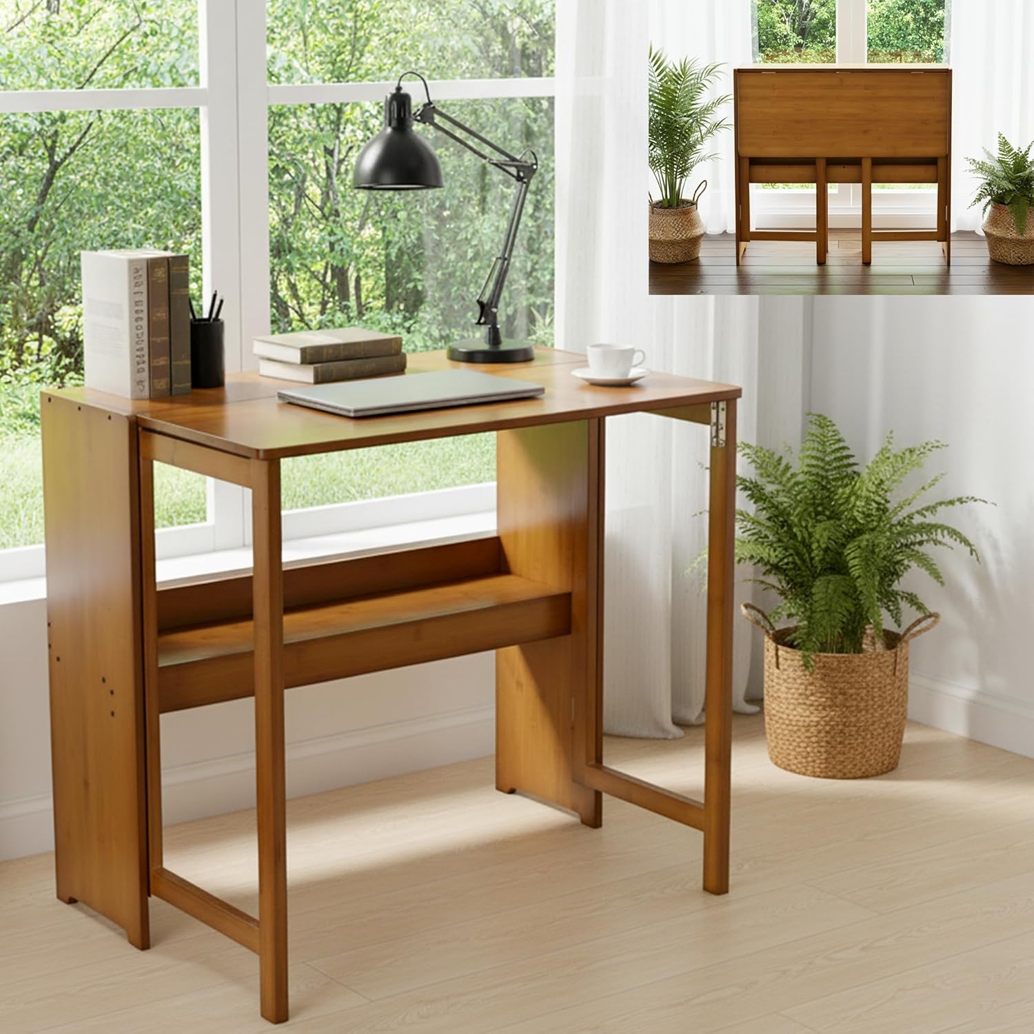 Wood Foldable Desk,Space Saving Foldable Table Bamboo Folding Desk Study Table with Bookshelf for Office Home Study Bedroom