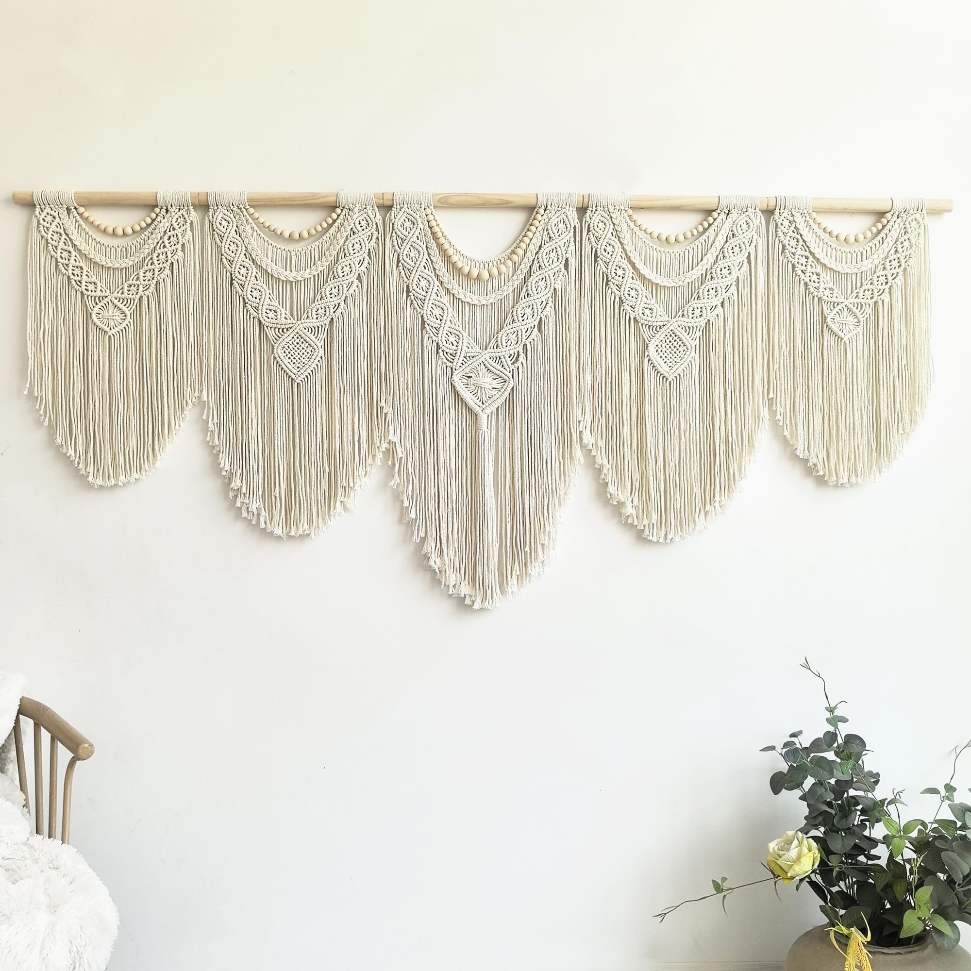 Extral Large macrame wall hanging, 71'' W x 32'' L boho wall art tapestry wall decor for urban entryway,living room,bedroom decor, headboard woven wall art, big fiber art over couch art for Yarn hallway (Wood Bead-B)