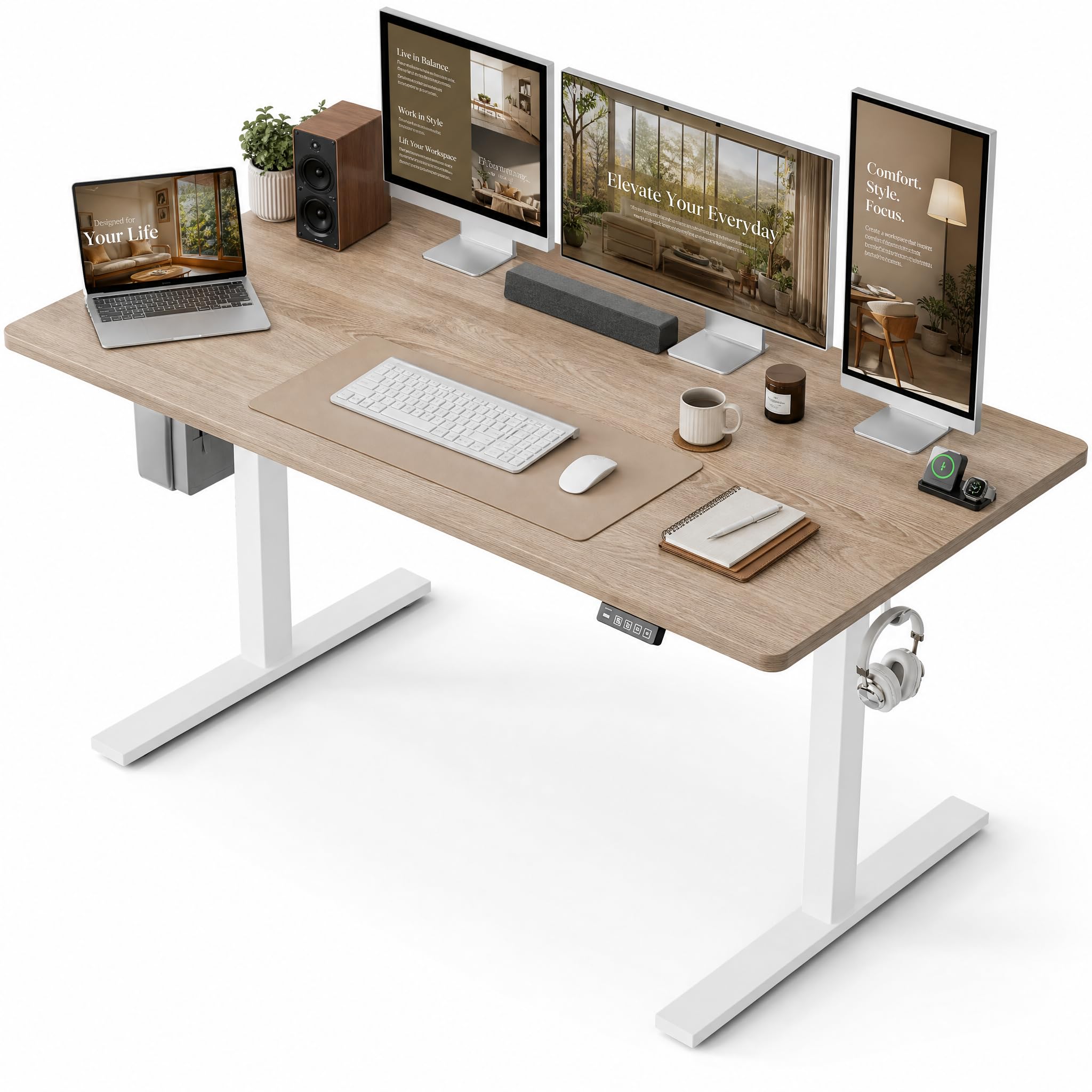 Grandder 55x32 Large Electric Standing Desk, Height Adjustable Computer Desk with 2 Memory Presets, 31.5" Deep Desktop Sit Stand Desk Home Office Desk Workstation Table with Hooks, Oak