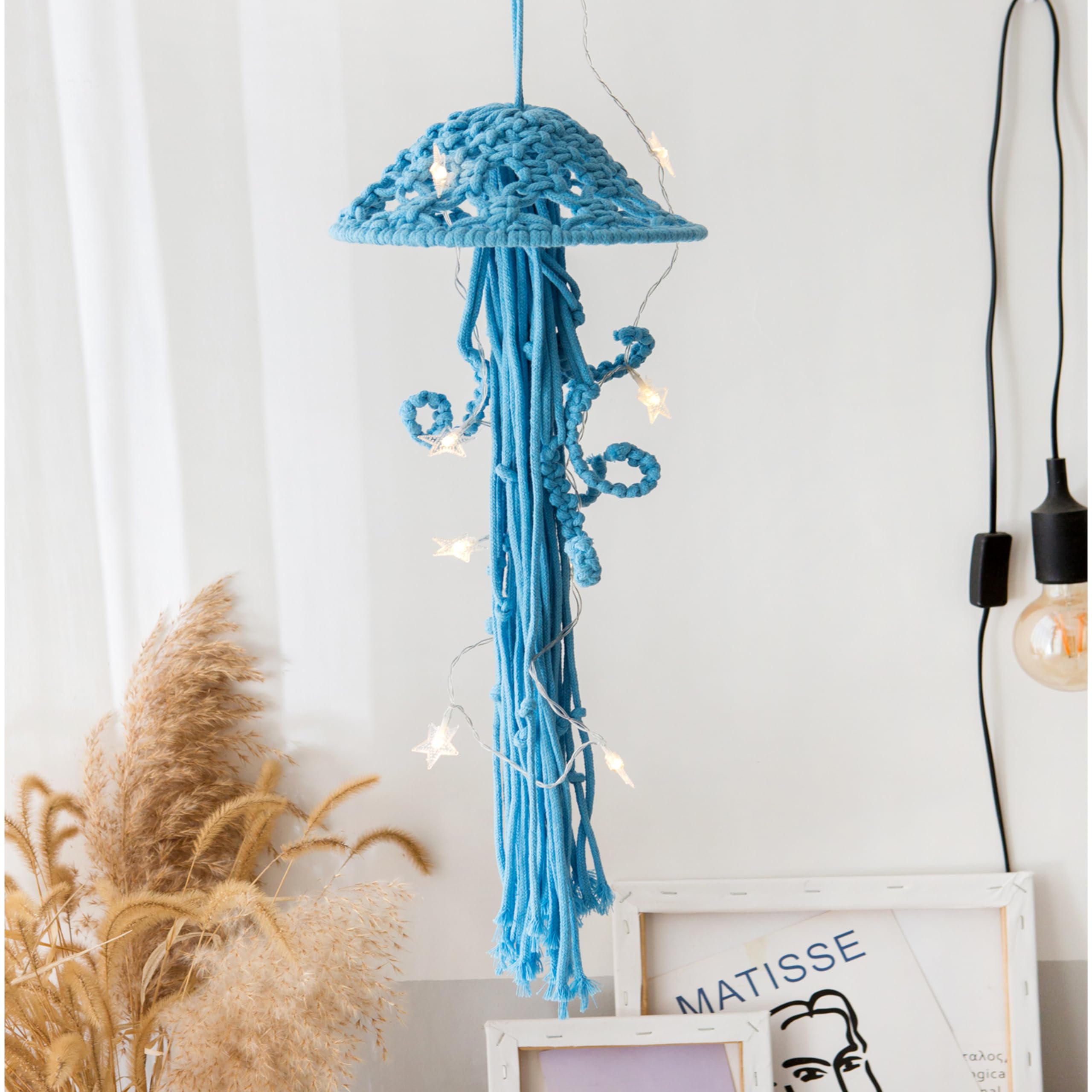 Macrame Wall Hanging,Jellyfish Dream Catcher with Star Lights,Bohemian Woven Wall Art Decor Beautiful Apartment Dorm Room Door Decoration (White)
