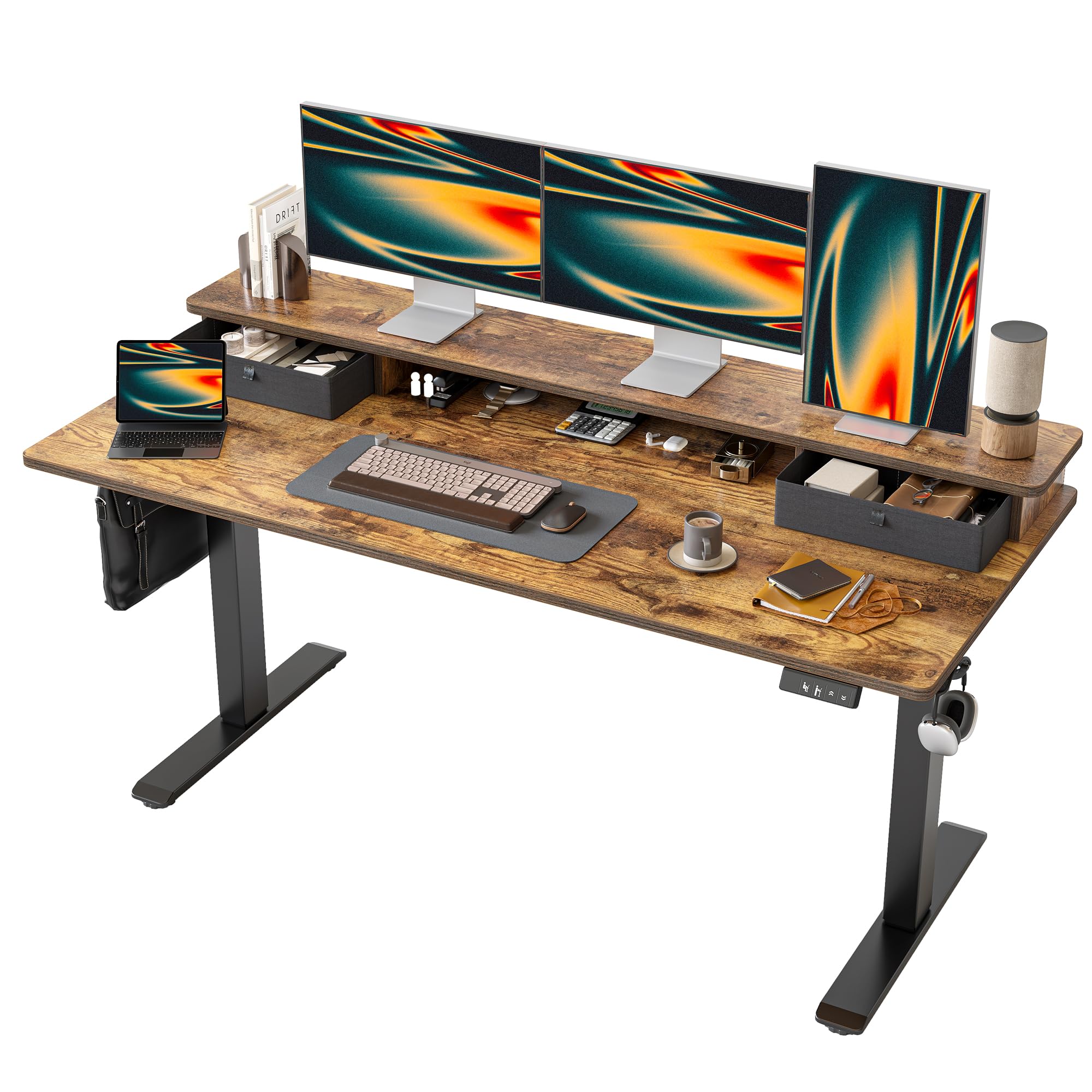 TIQLAB Standing Desk with Two Drawers, Stand Up Standing Desk Adjustable Height, Electric Sit Stand Table with Storage Shelf and Splice Board, 55 * 24 inch, Maple