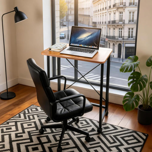 23.6Inch Folding Laptop Cart Table, Mobile Small Rolling Computer Desk for Portable Office Desk for Small Space Couch Bed Oak Color