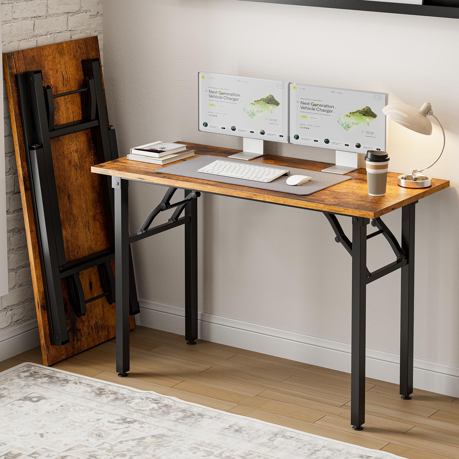Frylr Small Folding Computer Desk – 35.8 Inch Portable Table for Craft and Study, Lightweight Desk for Small Spaces, Foldable Laptop Table Built-in AC/USB Outlets for Convenience, Dark Walnut