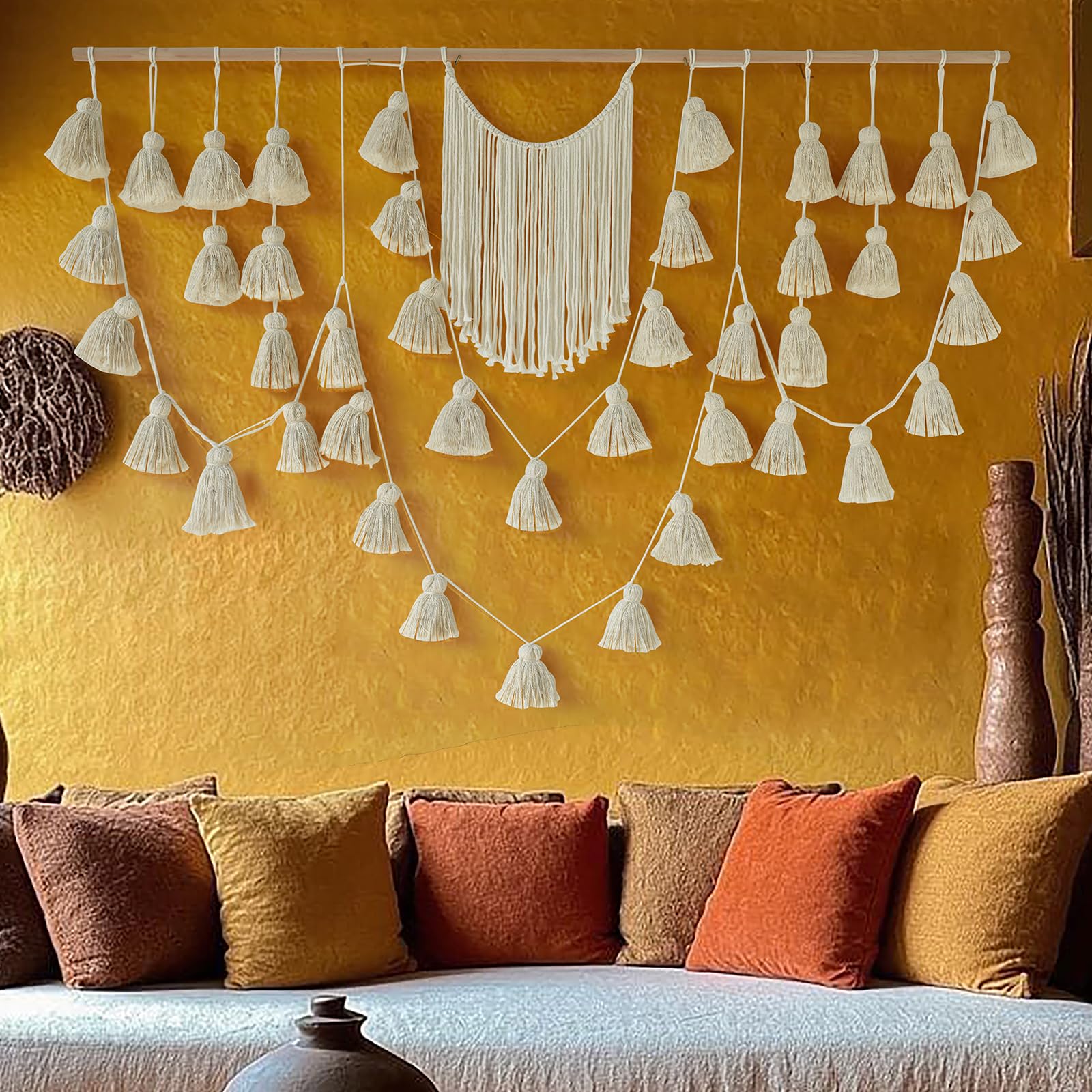 Jakalin Macrame Wall Hanging White Beads Boho Wall Decor for Living Room Bedroom or Nursery Texture Yarn Wall Art 57" W × 43" L