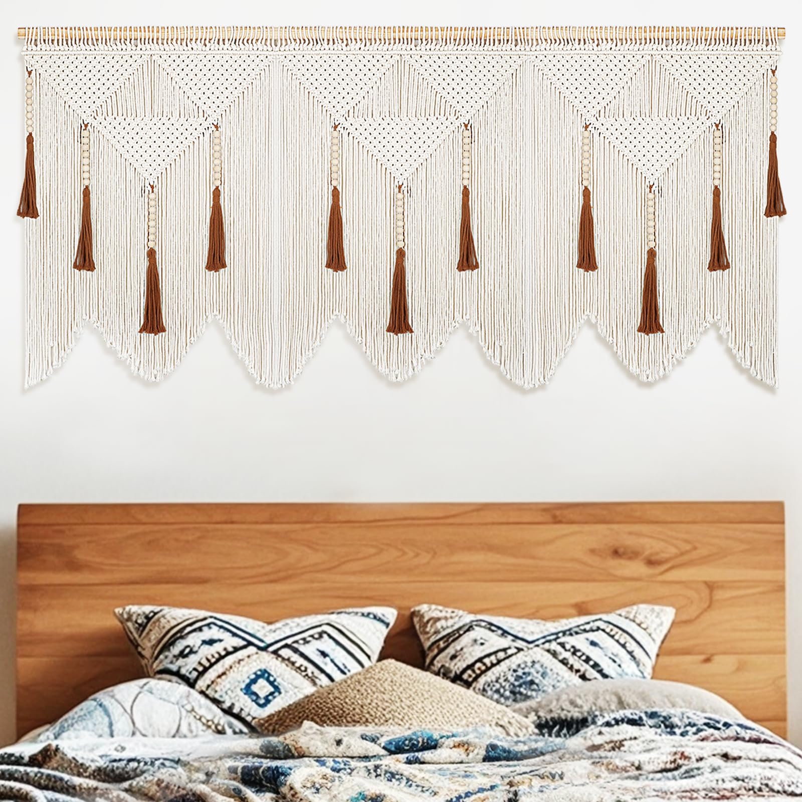ANROYE Large Macrame Wall Hanging, Boho Woven Tapastry with Wood Bead Tassel, Above Bed Minimalist Decor for Bedroom, Bohemian Art Decoration for Living Room Apartment Home