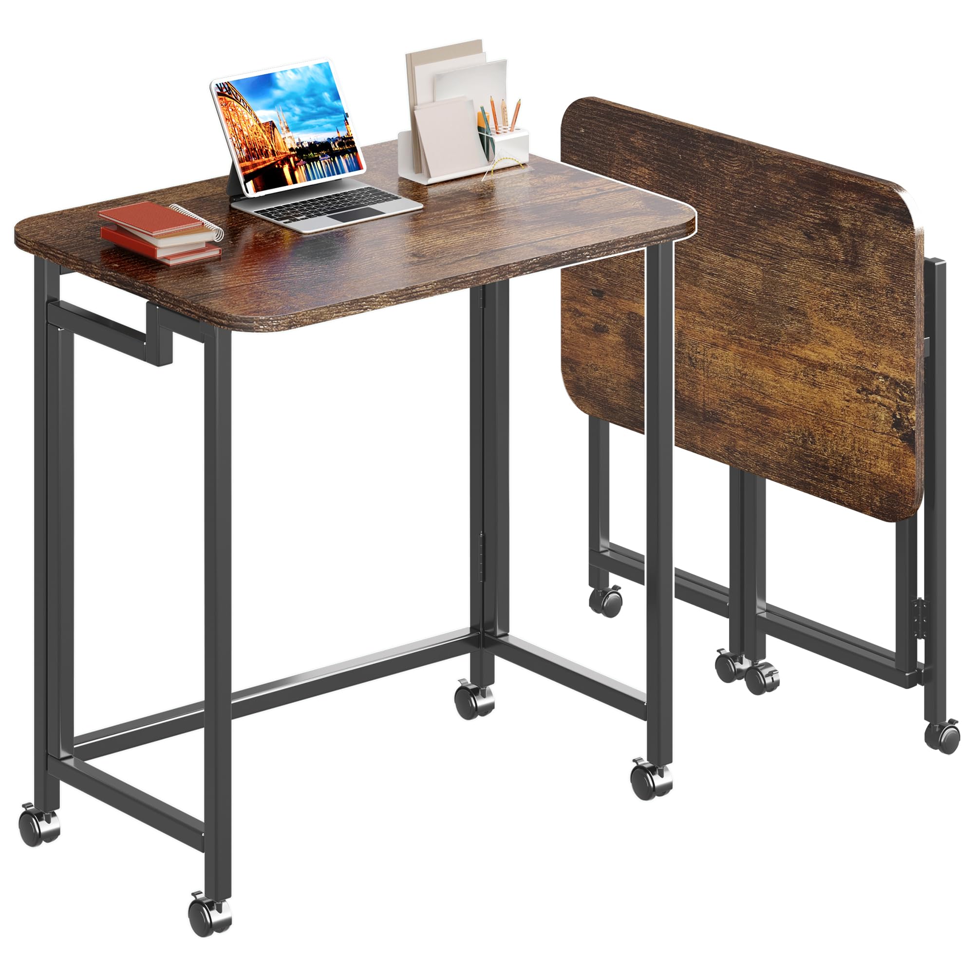 4NM 31.5" Mobile Small Rolling Computer Desk, Folding Laptop Cart Table with Wheels, Portable Office Desk for Small Space Couch Bed - Rustic Brown and Black