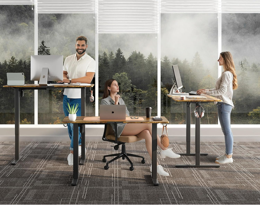 Electric Standing Desk,48x24 Inches Adjustable Height Stand up Desk, Sit Stand Home Office Desk with Splice Board, 3 Preset Heights,Equipped with Hooks,Ergonomic Computer Workstation，Brown