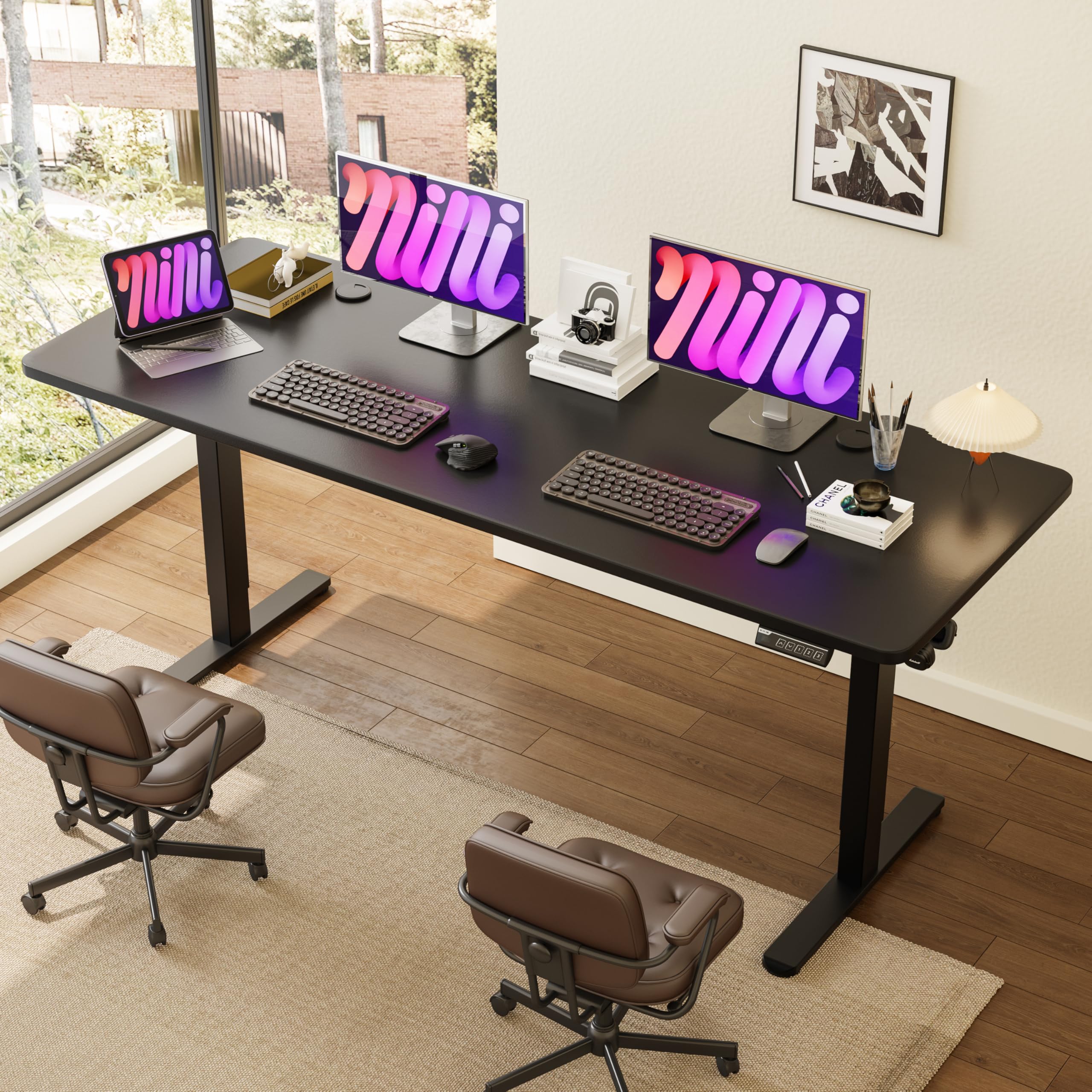 Monomi Electric Height Adjustable Standing Desk, 48x24 Inches, Ergonomic Home Office Sit/Stand Up Desk with Two-Piece Desktop (Black Steel Frame/Rustic Brown Top)