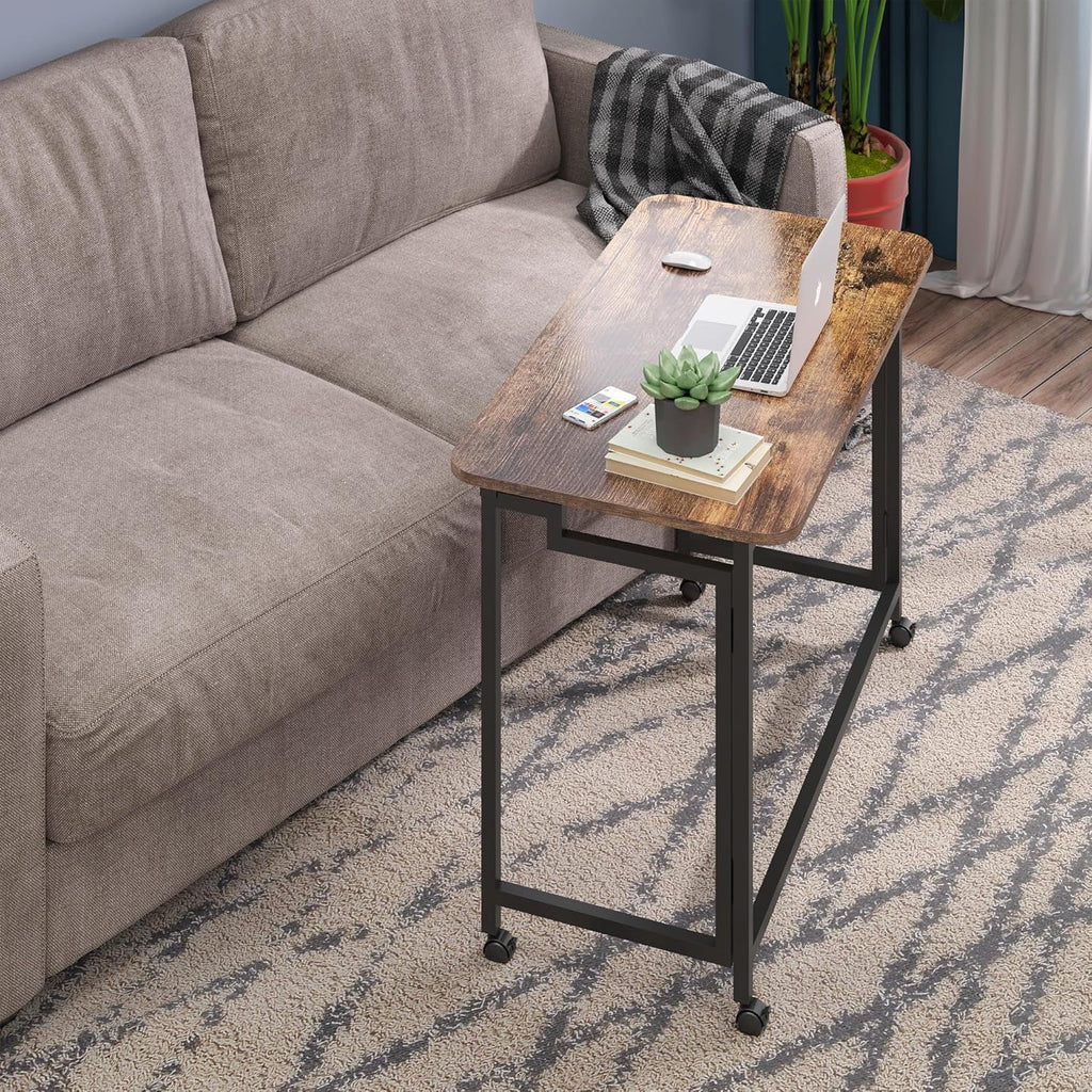 4NM 31.5" Mobile Small Rolling Computer Desk, Folding Laptop Cart Table with Wheels, Portable Office Desk for Small Space Couch Bed - Rustic Brown and Black