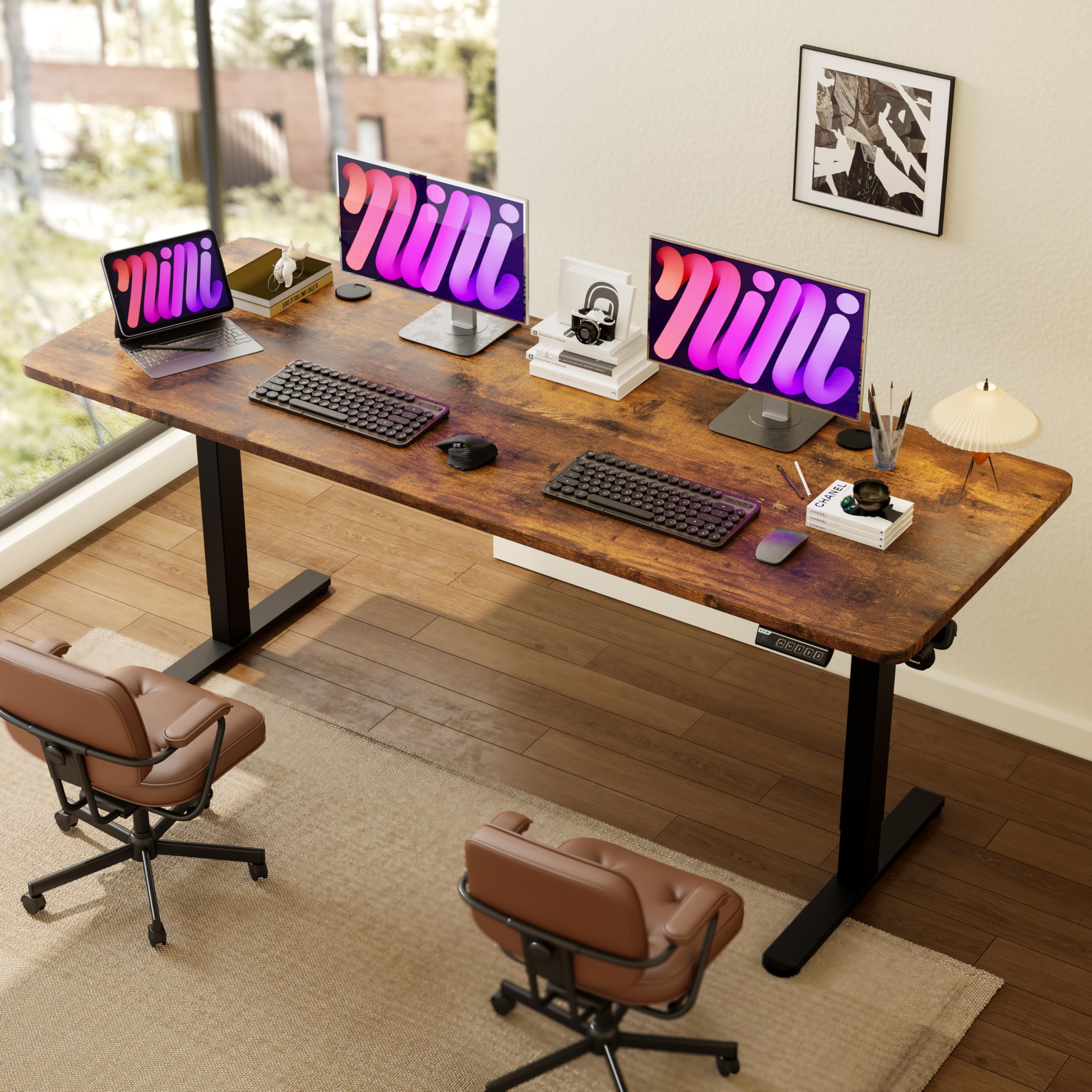 Monomi Electric Height Adjustable Standing Desk, 48x24 Inches, Ergonomic Home Office Sit/Stand Up Desk with Two-Piece Desktop (Black Steel Frame/Rustic Brown Top)