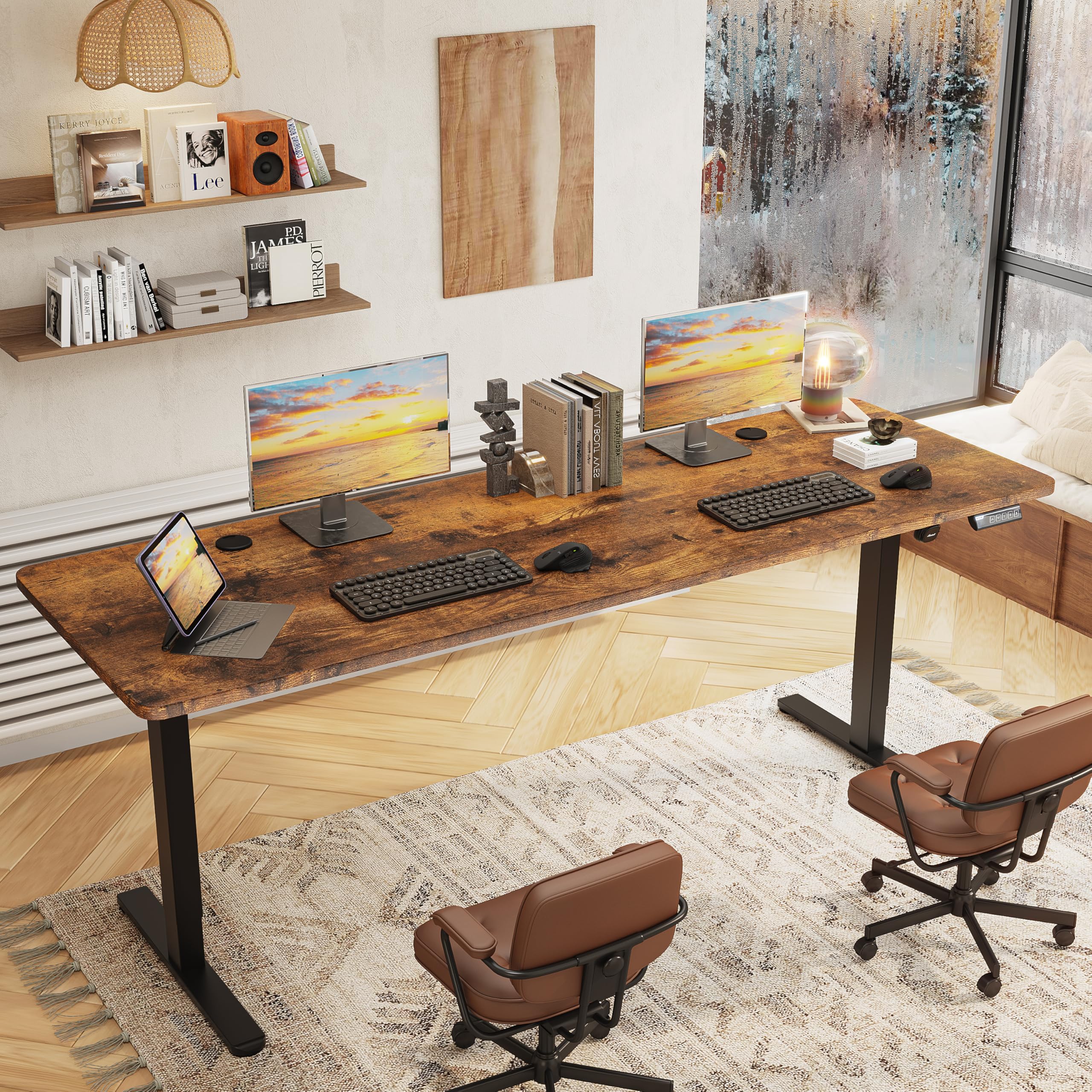 Monomi Electric Height Adjustable Standing Desk, 48x24 Inches, Ergonomic Home Office Sit/Stand Up Desk with Two-Piece Desktop (Black Steel Frame/Rustic Brown Top)